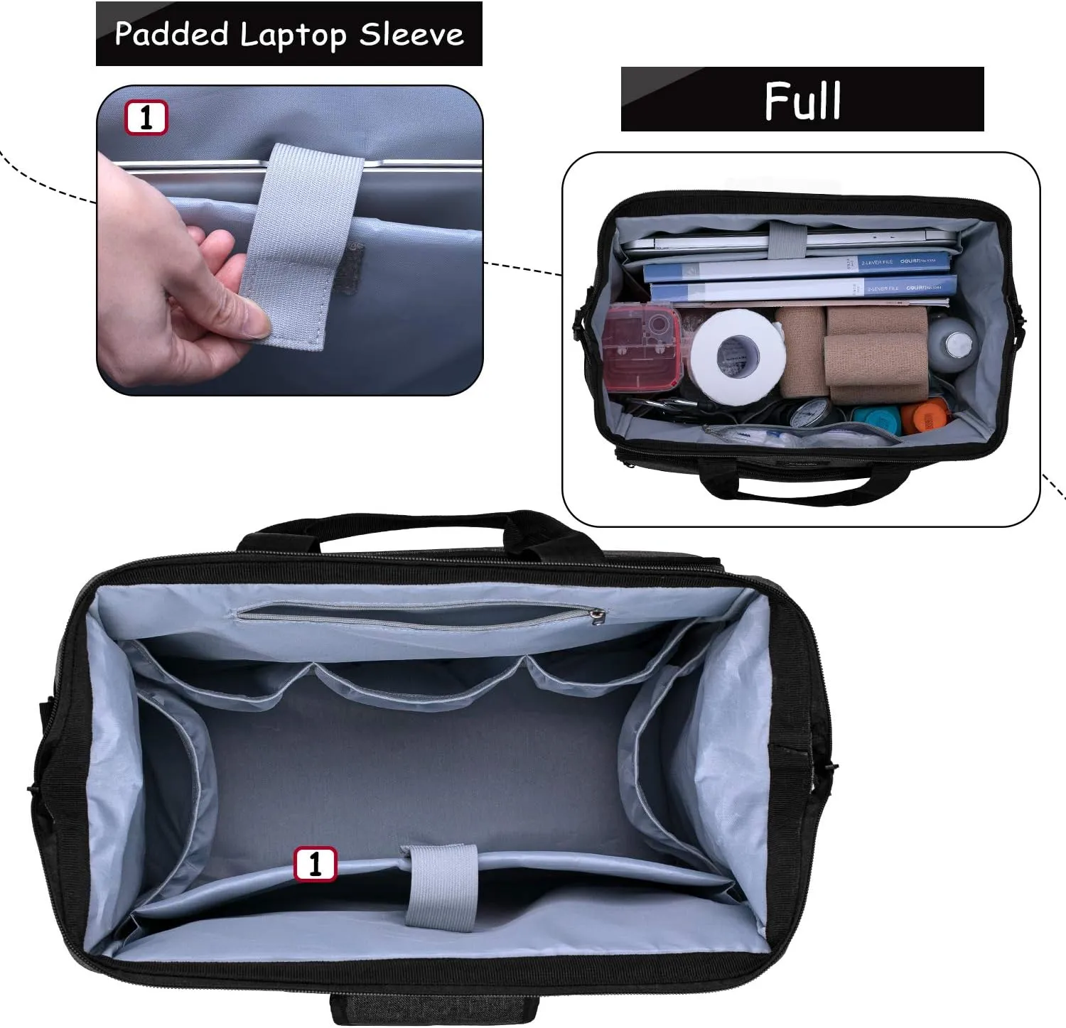 CURMIO Home Health Nurse Bag, Medical Supplies Bag with Padded Laptop Sleeve for Home Visits, Health Care, Hospice, Bag ONLY, Black (Patent Pending)