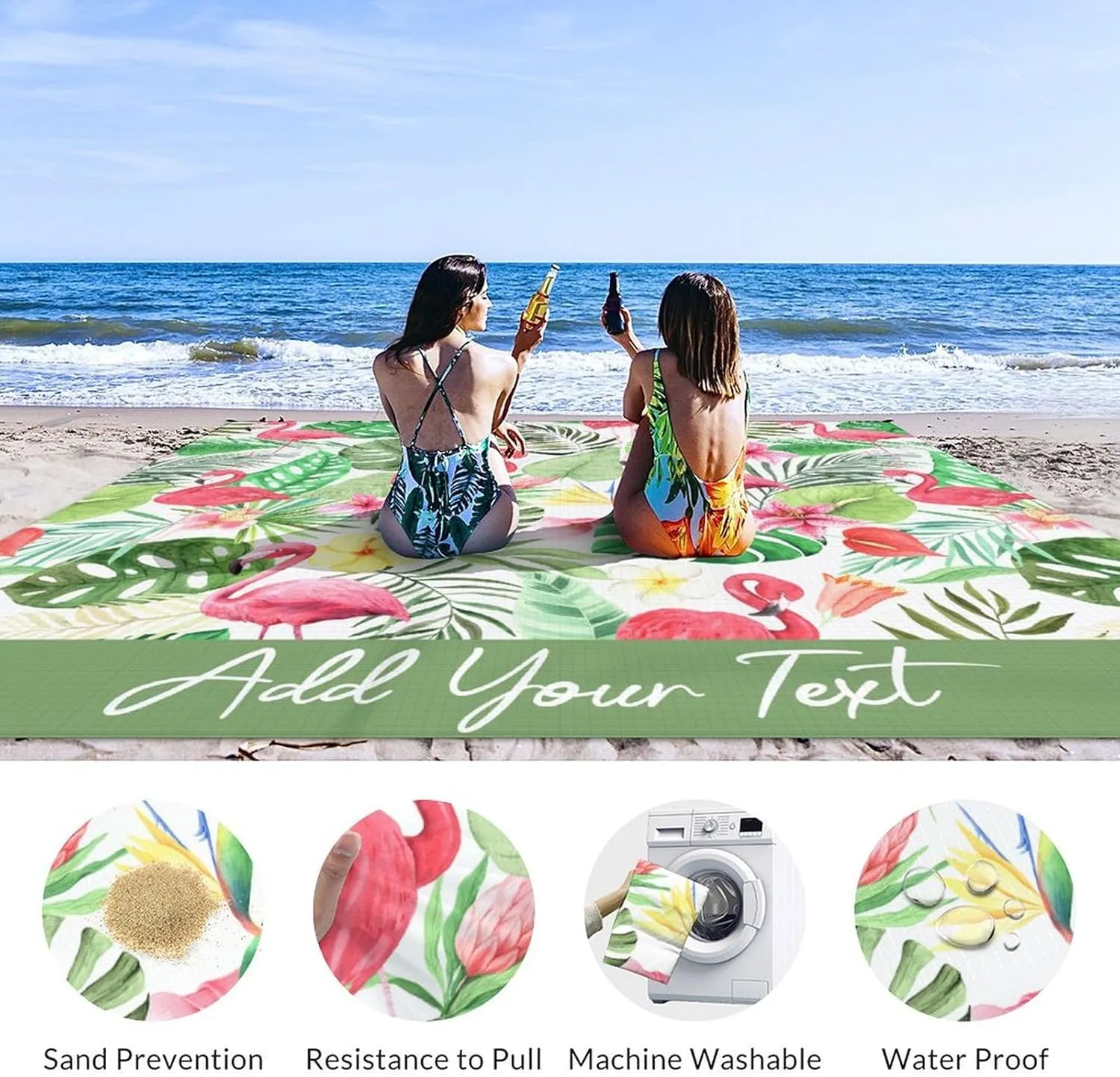 Custom Beach Blanket Waterproof Sandproof - Oversized Flamingo Beach Mat for 6-8 Adults - 118x110 Inches Lightweight Windproof Picnic Blanket - 4 Corner Pockets Camp Blanket for Outdoor Travel Hiking