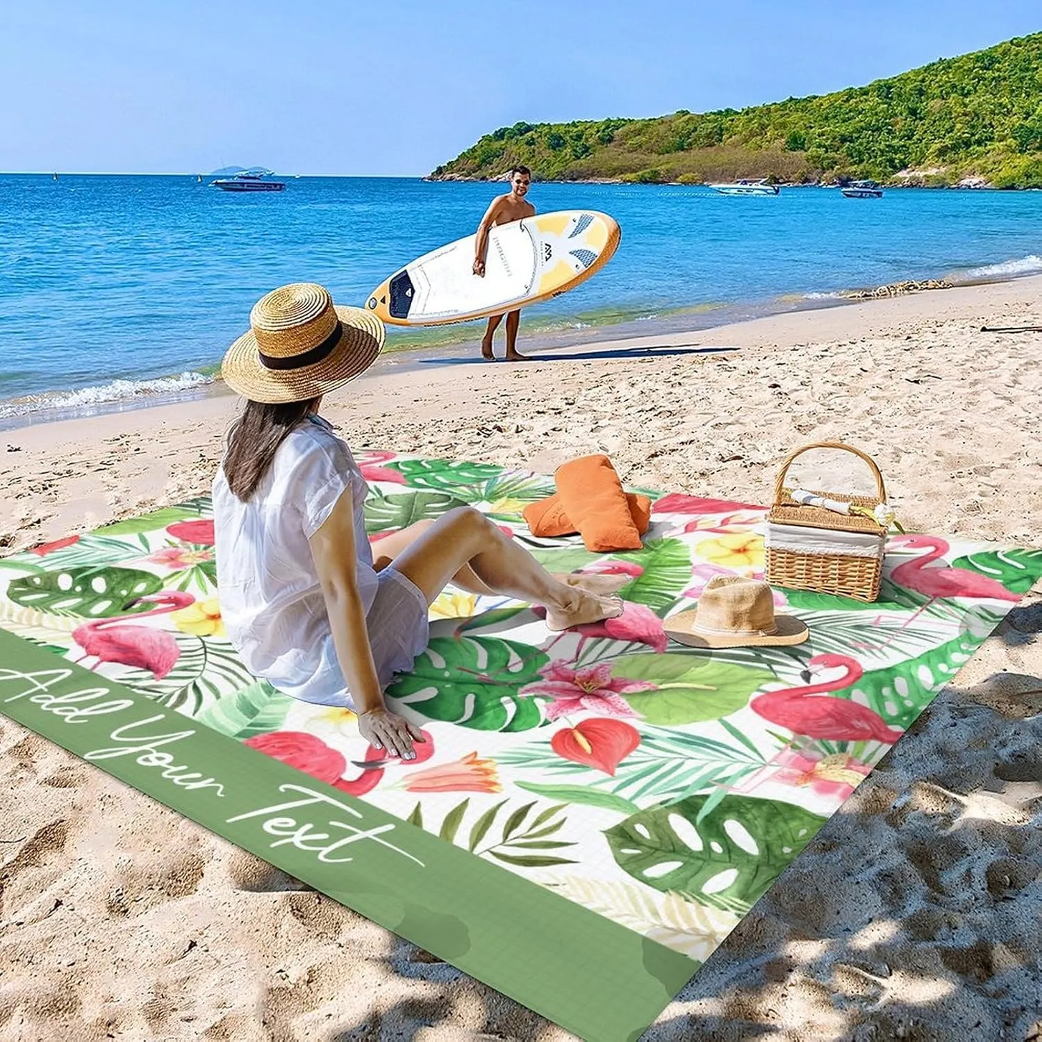 Custom Beach Blanket Waterproof Sandproof - Oversized Flamingo Beach Mat for 6-8 Adults - 118x110 Inches Lightweight Windproof Picnic Blanket - 4 Corner Pockets Camp Blanket for Outdoor Travel Hiking