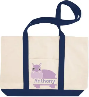 Custom Canvas Shopping Tote Personalized Name Hippopotamus Wild Animal Beach Bags for Women