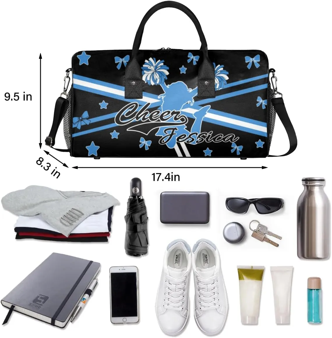 Custom Cheer Name Sport Duffel Bag Gym Bag Personalized Cheer Bags for Cheerleaders, Travel Overnight Weekender Bags, Blue