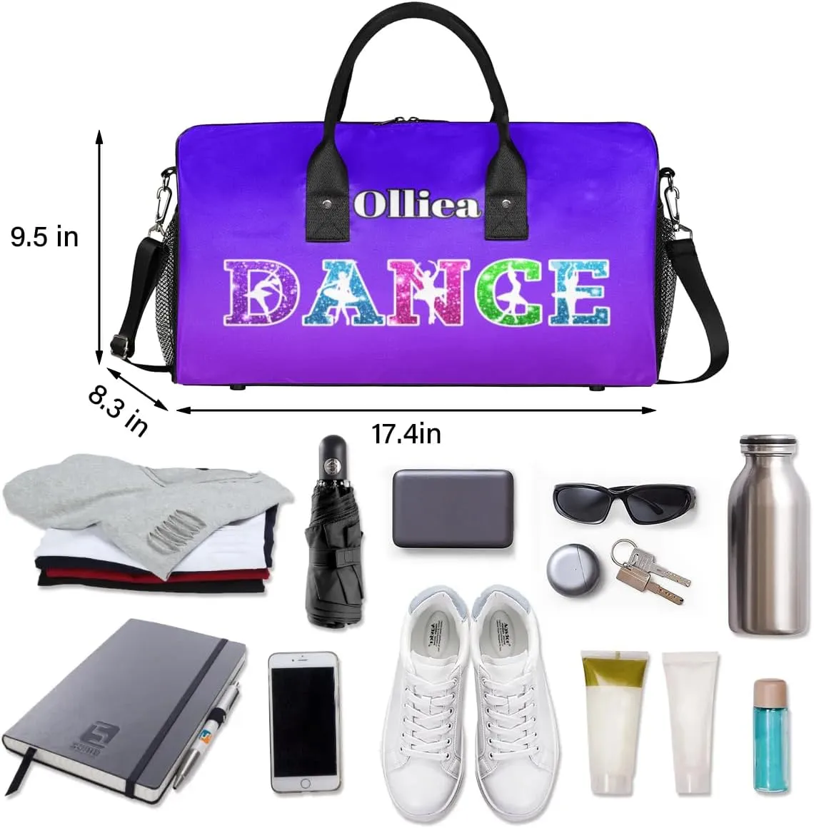 Custom Dance Bag Gym Bag Personalized Sport Duffel Bag Travel Weekender Bags Gymnastics Duffel Bag Indigo Purple Gradient