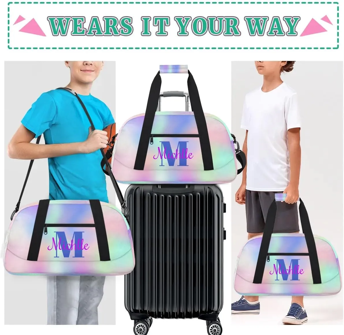 Custom Dance Bag Gymnastics Bag for Girl, Personalized Duffel Bag Sport Gym Bag Carry On Weekender Travel Bag Gift for Girl Boys Colorful