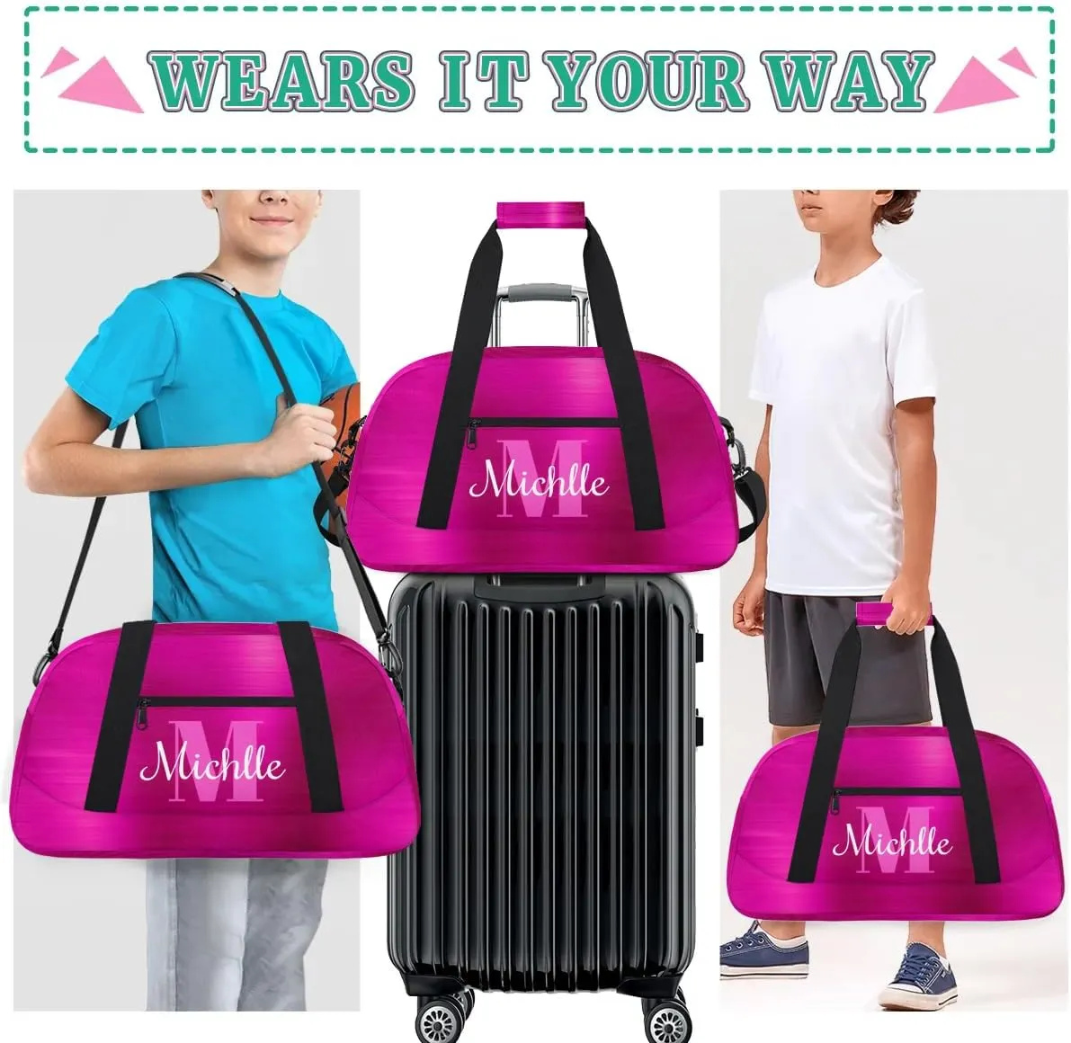 Custom Dance Bag Gymnastics Bag for Girl, Personalized Duffel Bag Sport Gym Bag Carry On Weekender Travel Bag Gift for Girl Boys Silver Glitter Hot Pink