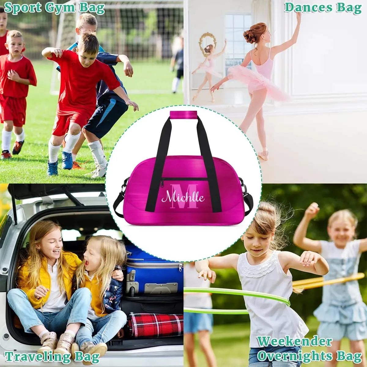 Custom Dance Bag Gymnastics Bag for Girl, Personalized Duffel Bag Sport Gym Bag Carry On Weekender Travel Bag Gift for Girl Boys Silver Glitter Hot Pink
