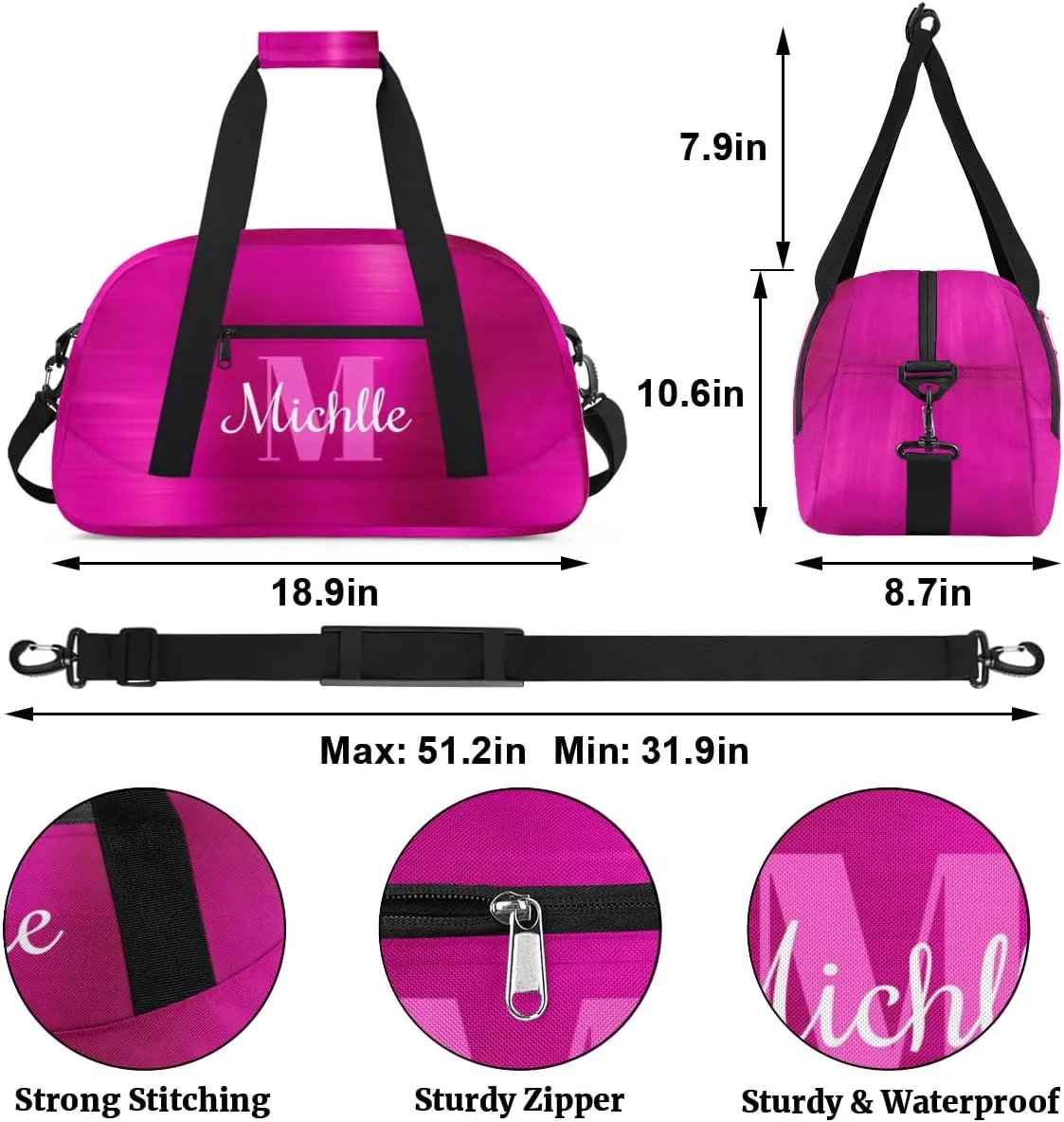 Custom Dance Bag Gymnastics Bag for Girl, Personalized Duffel Bag Sport Gym Bag Carry On Weekender Travel Bag Gift for Girl Boys Silver Glitter Hot Pink