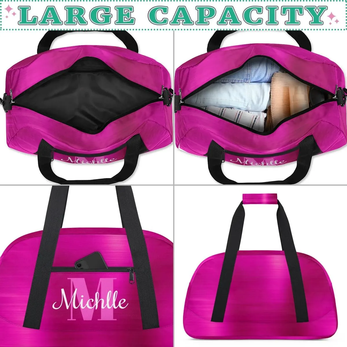 Custom Dance Bag Gymnastics Bag for Girl, Personalized Duffel Bag Sport Gym Bag Carry On Weekender Travel Bag Gift for Girl Boys Silver Glitter Hot Pink