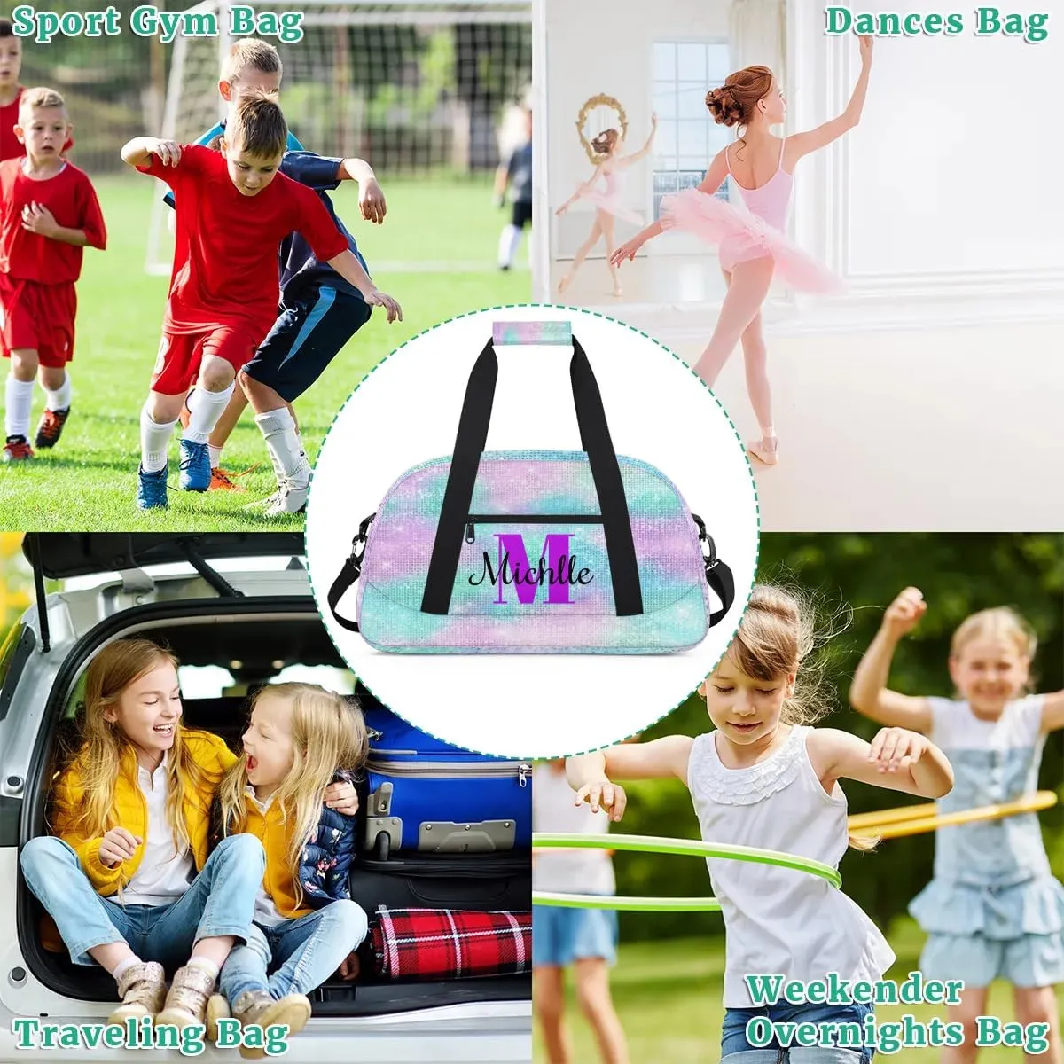 Custom Dance Bag Gymnastics Bag for Girl, Personalized Duffel Bag Sport Gym Bag Carry On Weekender Travel Bag Gift for Girl Boys Watercolor Glitter