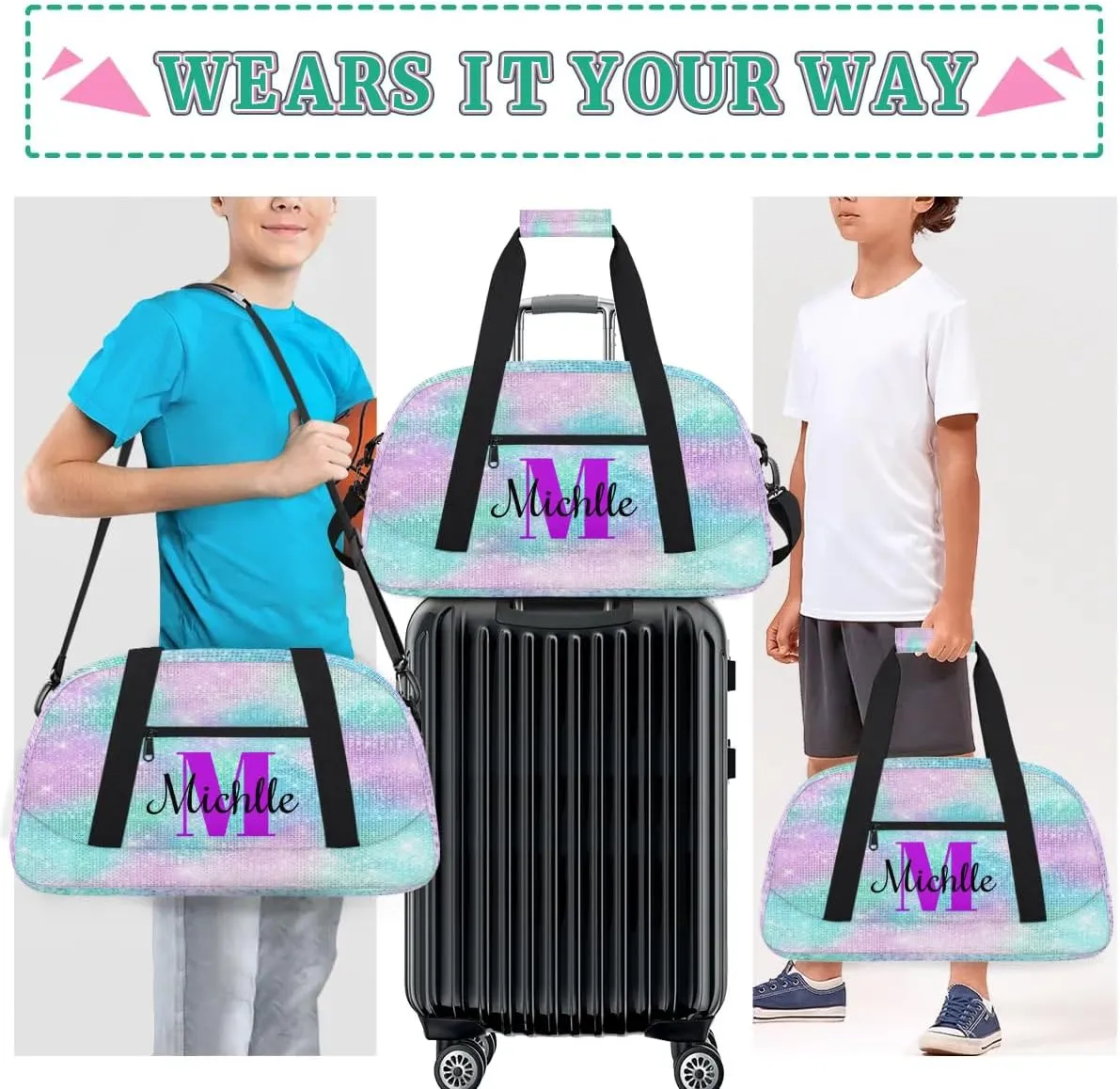 Custom Dance Bag Gymnastics Bag for Girl, Personalized Duffel Bag Sport Gym Bag Carry On Weekender Travel Bag Gift for Girl Boys Watercolor Glitter