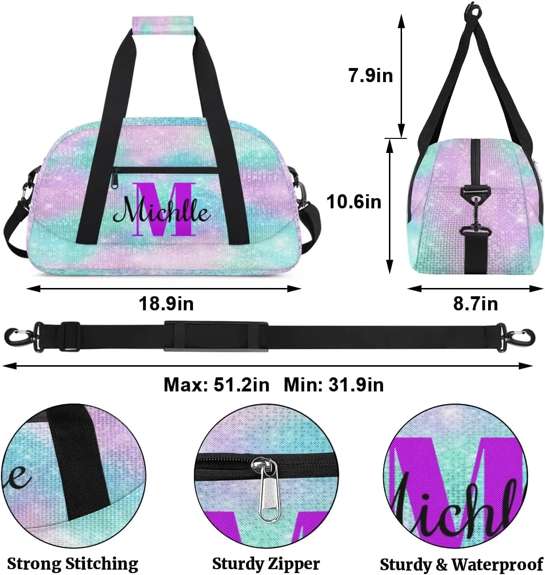 Custom Dance Bag Gymnastics Bag for Girl, Personalized Duffel Bag Sport Gym Bag Carry On Weekender Travel Bag Gift for Girl Boys Watercolor Glitter