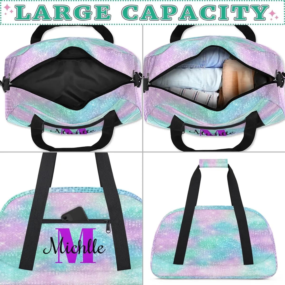 Custom Dance Bag Gymnastics Bag for Girl, Personalized Duffel Bag Sport Gym Bag Carry On Weekender Travel Bag Gift for Girl Boys Watercolor Glitter