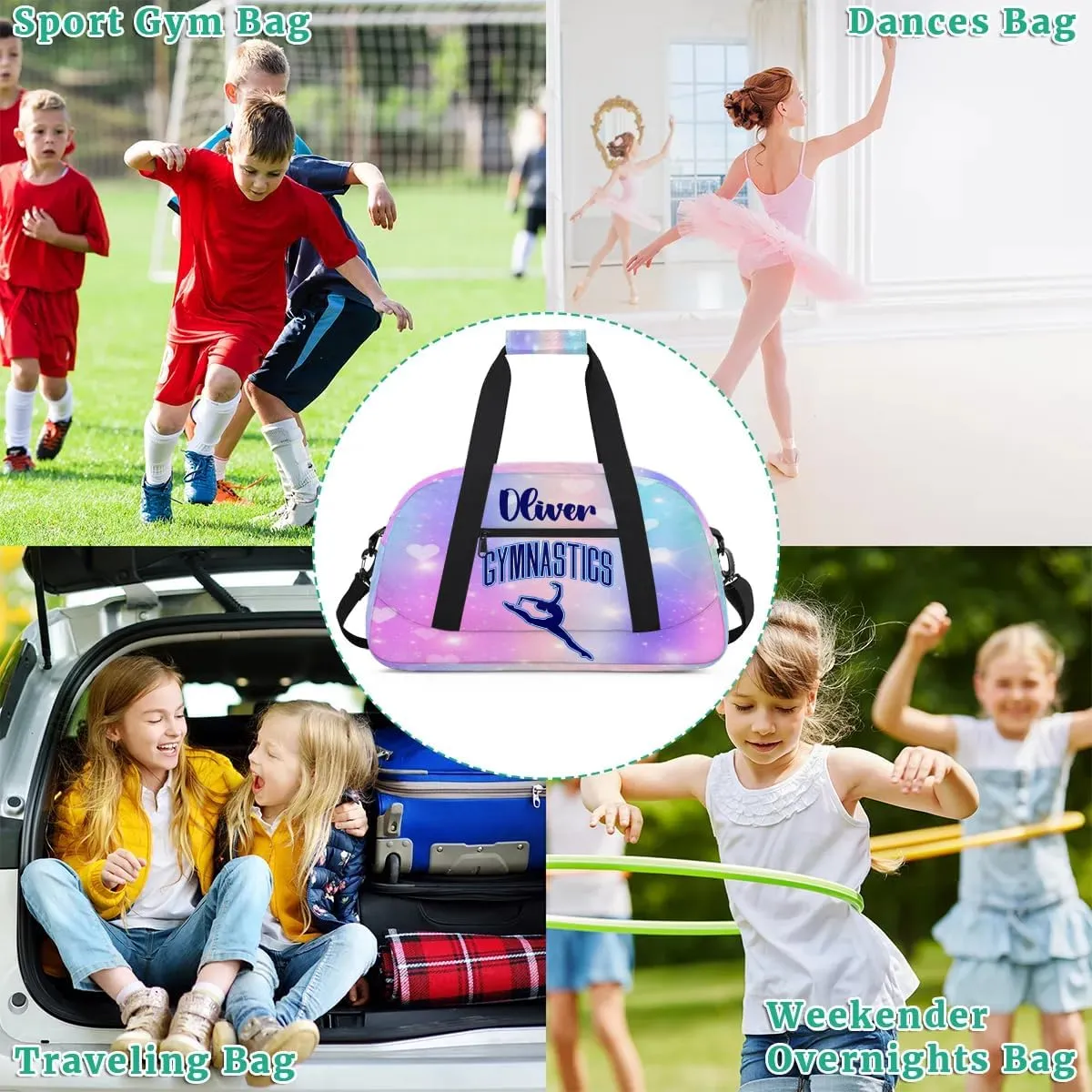 Custom Dance Bag Gymnastics Bag for Girl, Personalized Duffel Bag Sport Gym Bag Carry On Weekender Travel Bag Gift for Girl Gymnastics Girl Blue