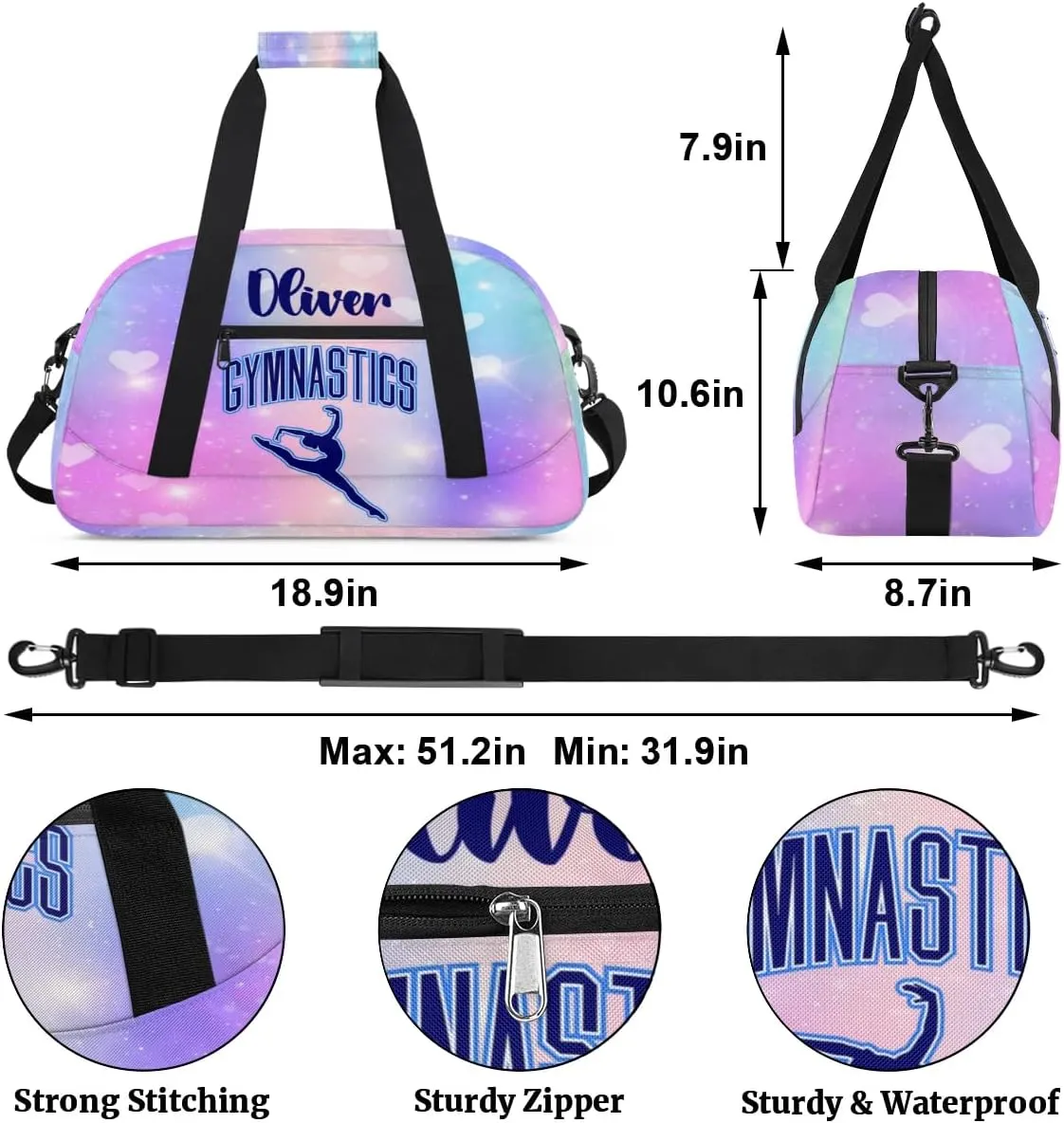 Custom Dance Bag Gymnastics Bag for Girl, Personalized Duffel Bag Sport Gym Bag Carry On Weekender Travel Bag Gift for Girl Gymnastics Girl Blue