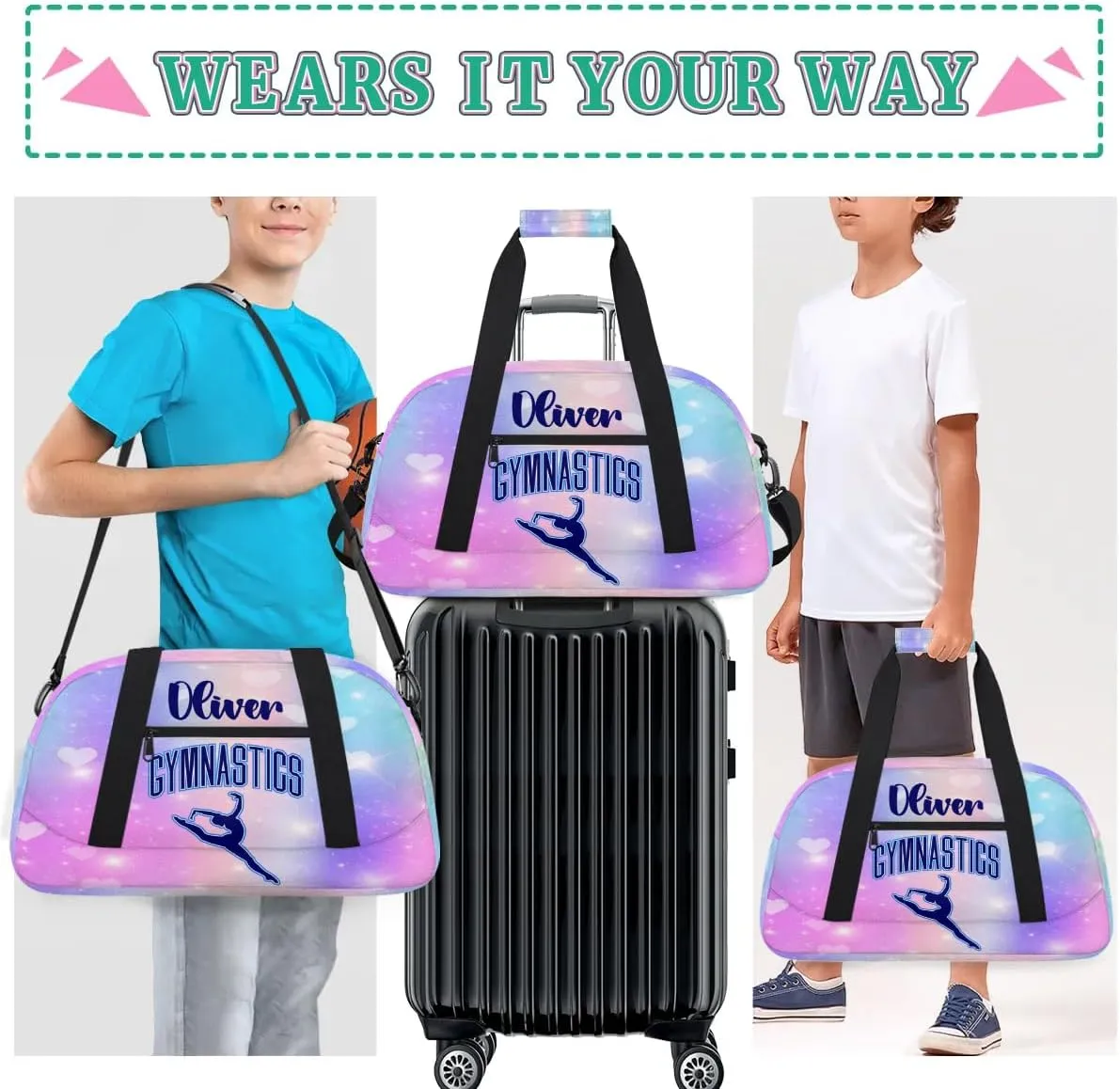 Custom Dance Bag Gymnastics Bag for Girl, Personalized Duffel Bag Sport Gym Bag Carry On Weekender Travel Bag Gift for Girl Gymnastics Girl Blue
