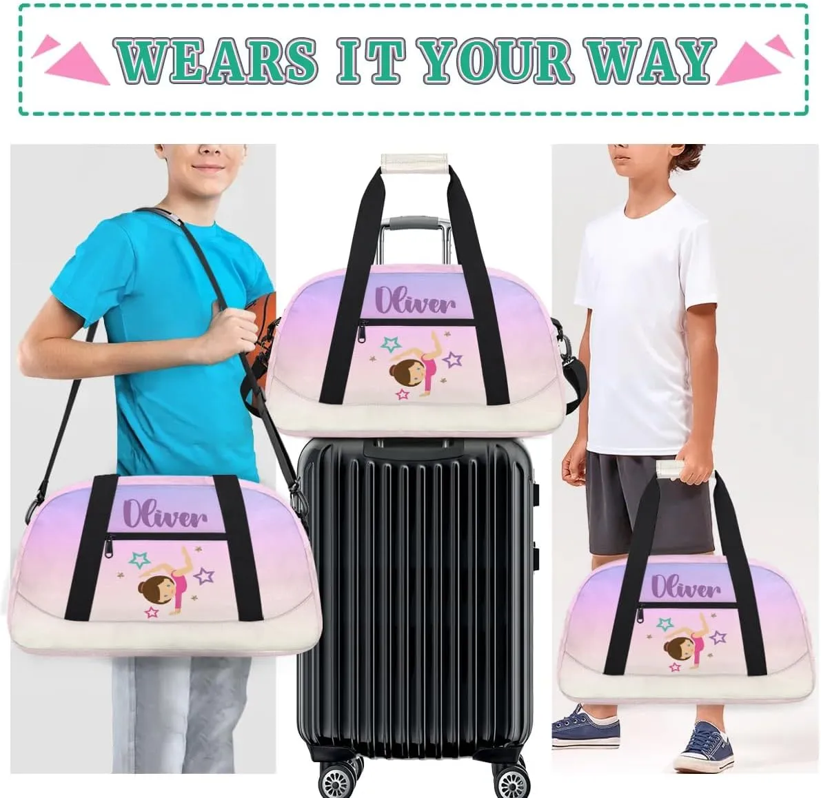 Custom Dance Bag Gymnastics Bag for Girl, Personalized Duffel Bag Sport Gym Bag Carry On Weekender Travel Bag Gift for Girl Gymnastics Pink