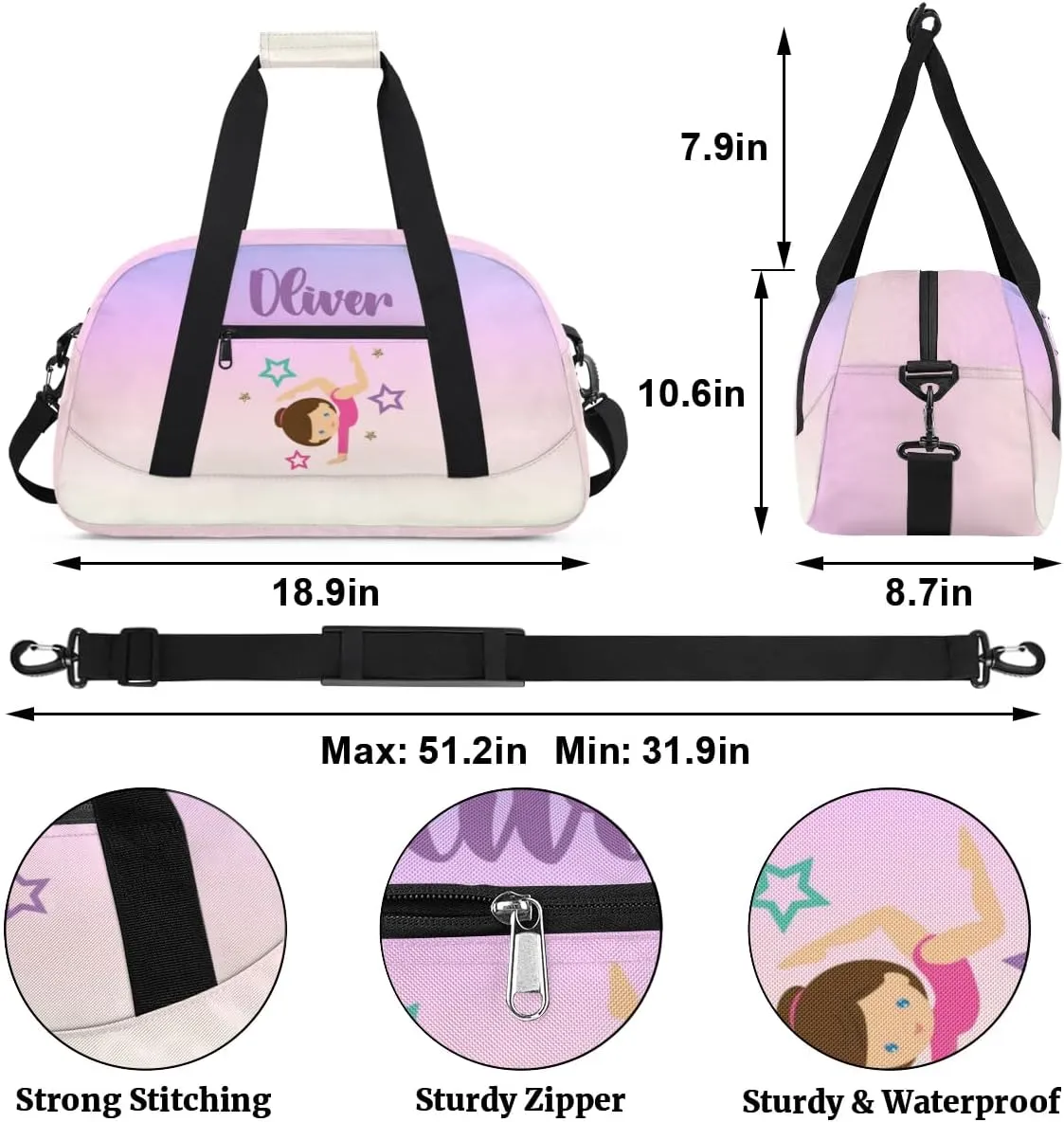 Custom Dance Bag Gymnastics Bag for Girl, Personalized Duffel Bag Sport Gym Bag Carry On Weekender Travel Bag Gift for Girl Gymnastics Pink
