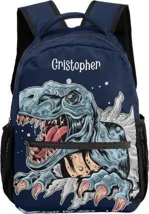 Custom Kids Backpack, Personalized Student School Bags for Boys & Girls, Bookbags for Travel Angry Dinosaur