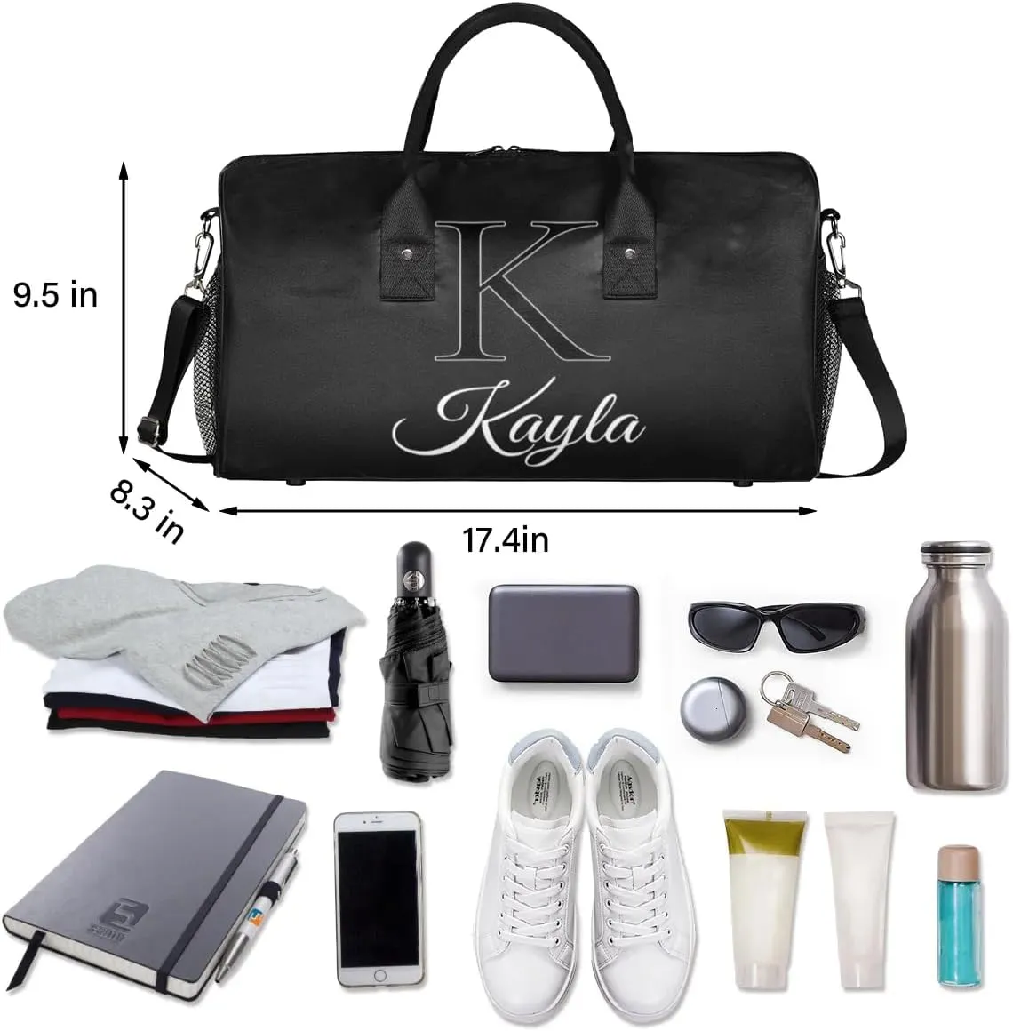 Custom Name Sport Duffel Bag, Personalized Initial Small Gym Bag, Lightweight Travel Duffle Bag Carry On Weekender Bag, Black