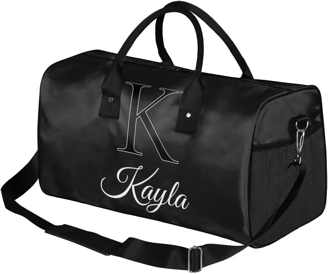 Custom Name Sport Duffel Bag, Personalized Initial Small Gym Bag, Lightweight Travel Duffle Bag Carry On Weekender Bag, Black