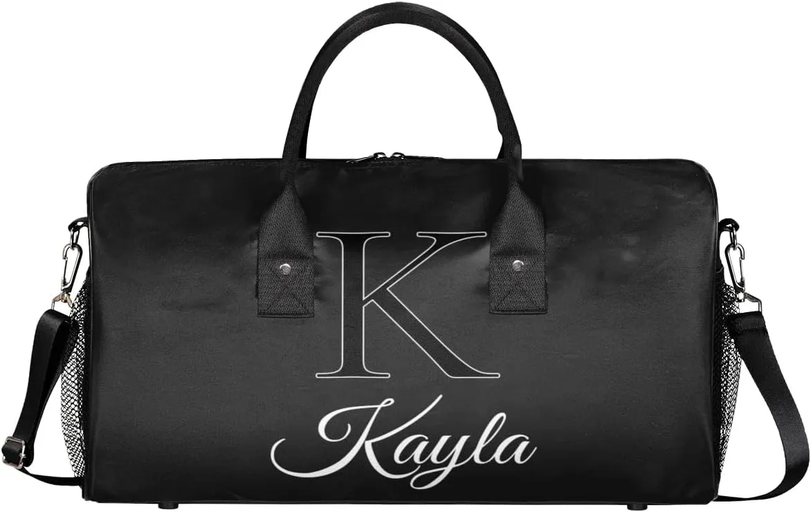Custom Name Sport Duffel Bag, Personalized Initial Small Gym Bag, Lightweight Travel Duffle Bag Carry On Weekender Bag, Black