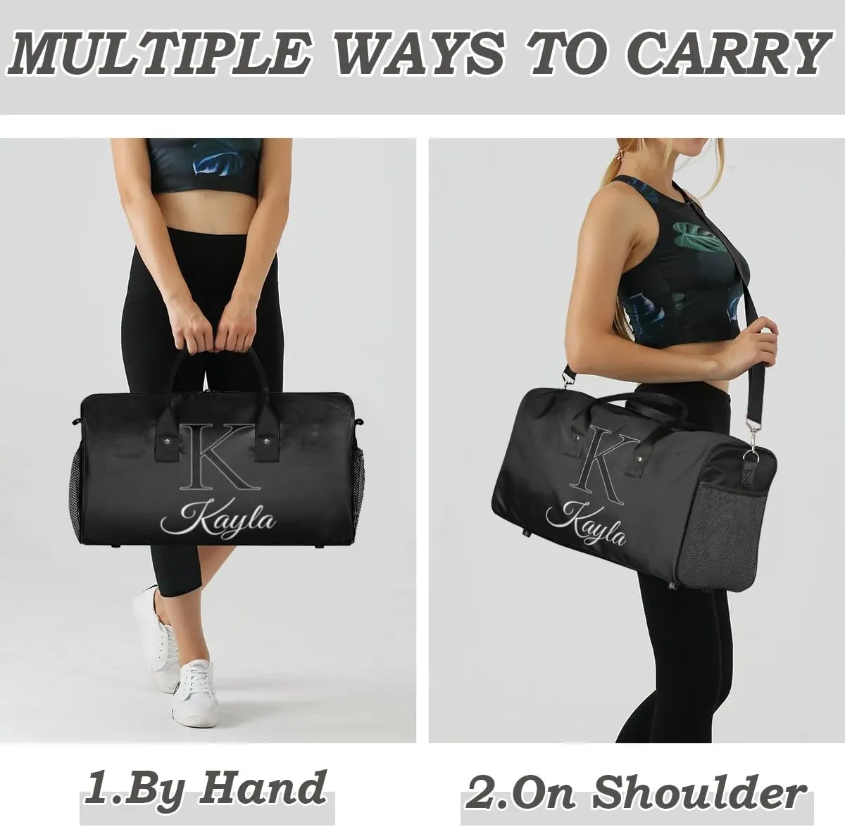 Custom Name Sport Duffel Bag, Personalized Initial Small Gym Bag, Lightweight Travel Duffle Bag Carry On Weekender Bag, Black