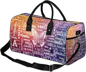 Custom Name Sport Duffel Bag with Initial, Personalized Gym Bag for Women, Custom Travel Tote Bags for Dance Cheer, Overnight Weekender Bags, Glitter Butterfly