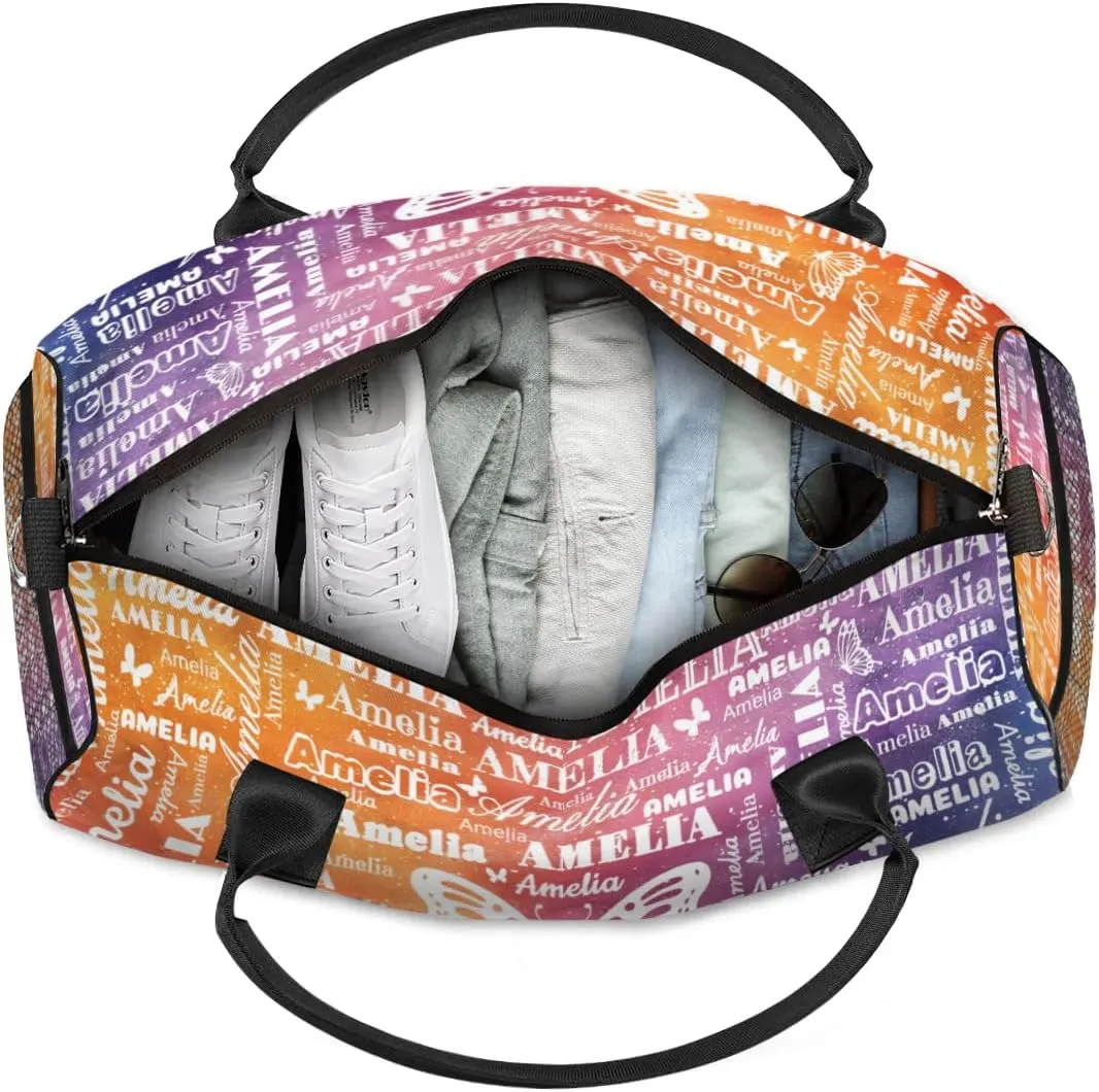 Custom Name Sport Duffel Bag with Initial, Personalized Gym Bag for Women, Custom Travel Tote Bags for Dance Cheer, Overnight Weekender Bags, Glitter Butterfly