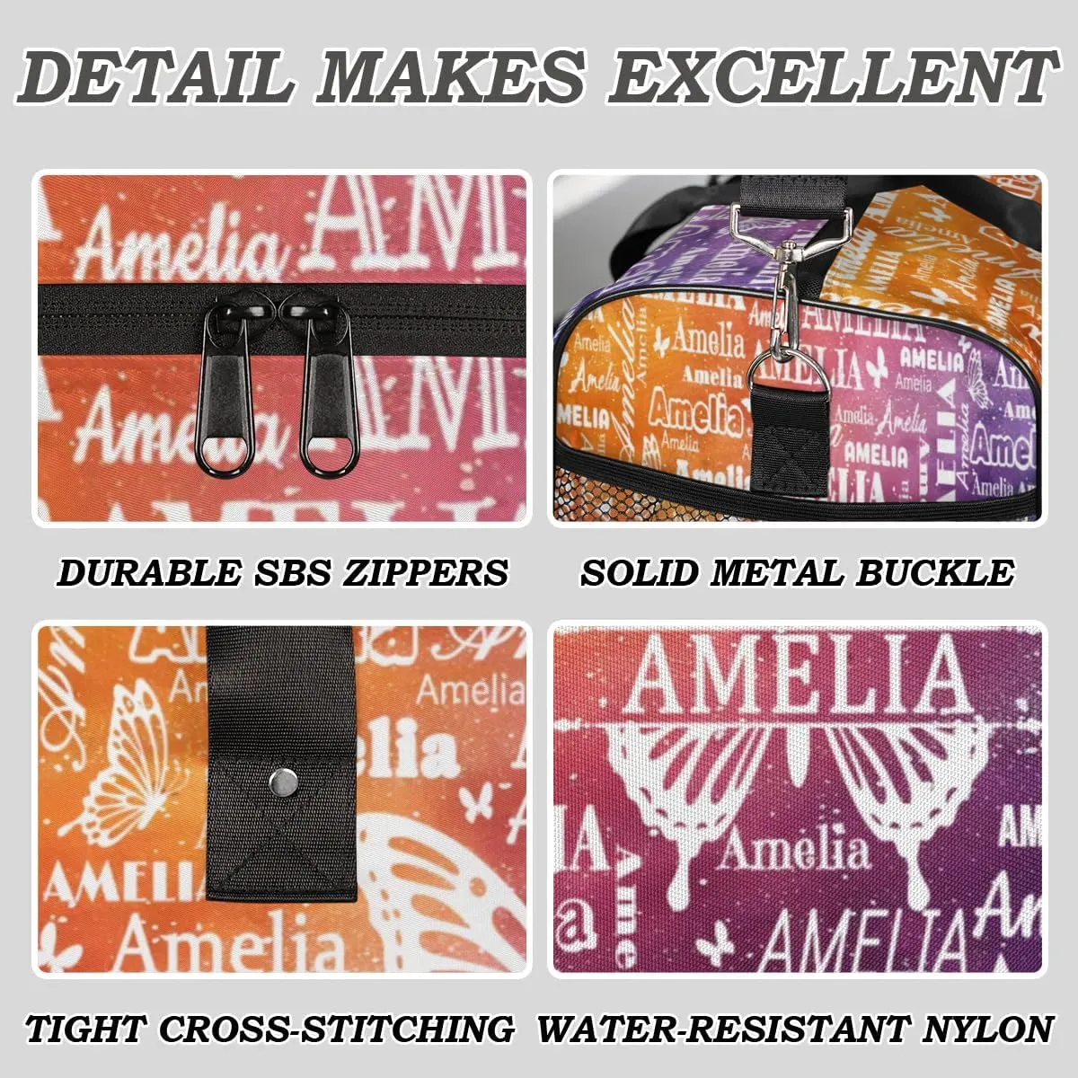 Custom Name Sport Duffel Bag with Initial, Personalized Gym Bag for Women, Custom Travel Tote Bags for Dance Cheer, Overnight Weekender Bags, Glitter Butterfly