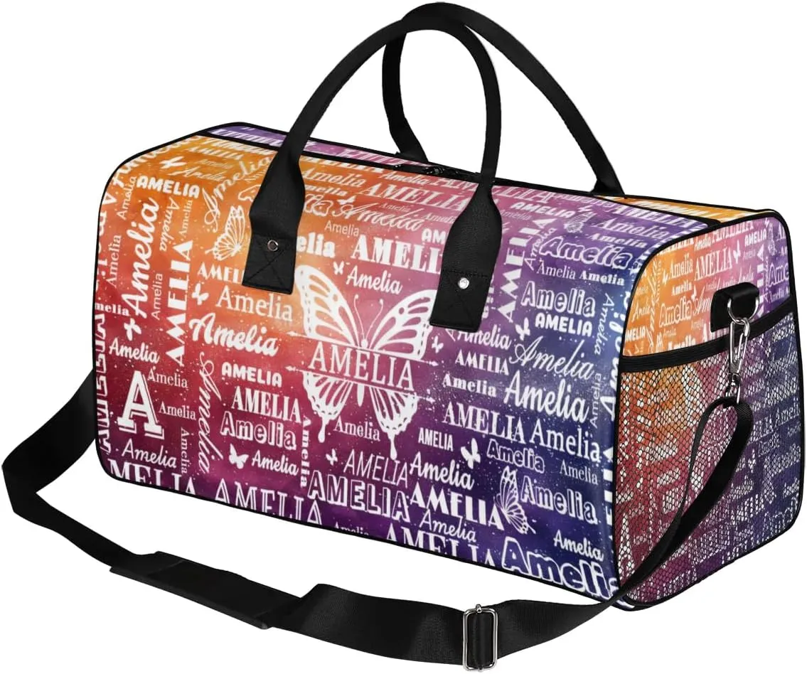 Custom Name Sport Duffel Bag with Initial, Personalized Gym Bag for Women, Custom Travel Tote Bags for Dance Cheer, Overnight Weekender Bags, Glitter Butterfly