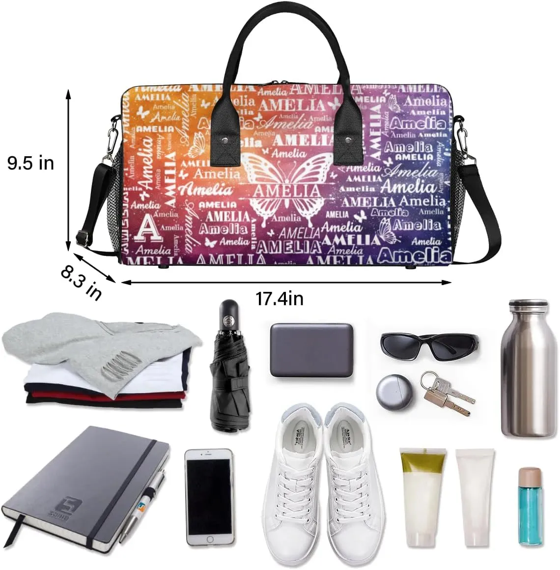 Custom Name Sport Duffel Bag with Initial, Personalized Gym Bag for Women, Custom Travel Tote Bags for Dance Cheer, Overnight Weekender Bags, Glitter Butterfly