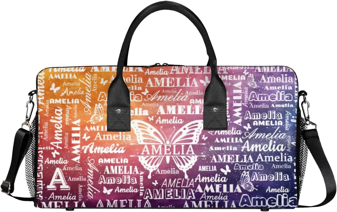 Custom Name Sport Duffel Bag with Initial, Personalized Gym Bag for Women, Custom Travel Tote Bags for Dance Cheer, Overnight Weekender Bags, Glitter Butterfly