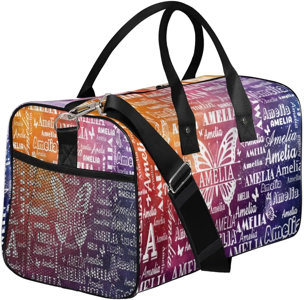 Custom Name Sport Duffel Bag with Initial, Personalized Gym Bag for Women, Custom Travel Tote Bags for Dance Cheer, Overnight Weekender Bags, Glitter Butterfly