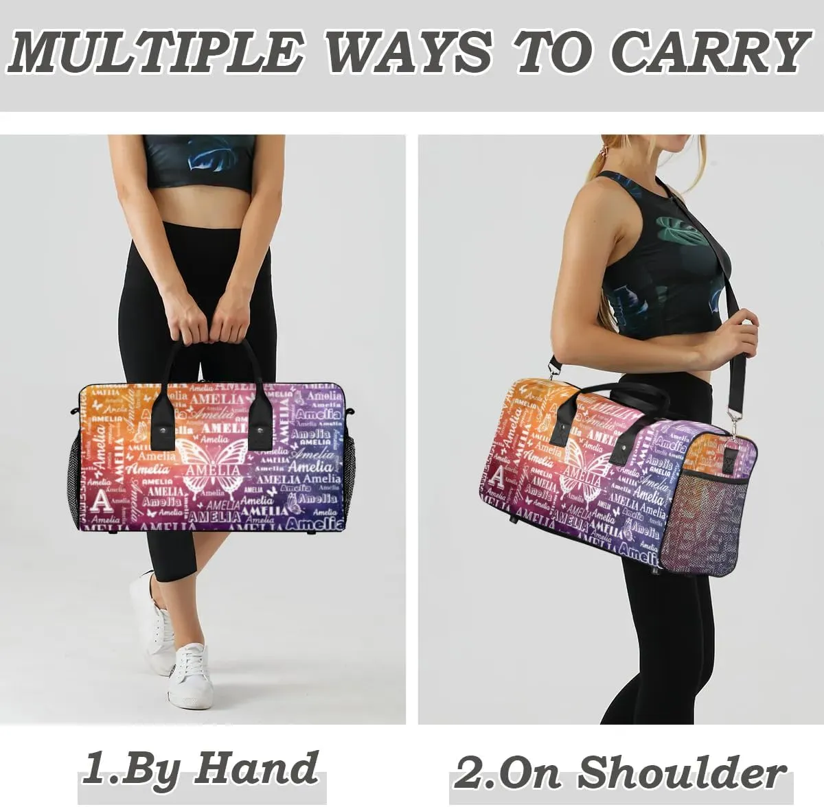 Custom Name Sport Duffel Bag with Initial, Personalized Gym Bag for Women, Custom Travel Tote Bags for Dance Cheer, Overnight Weekender Bags, Glitter Butterfly