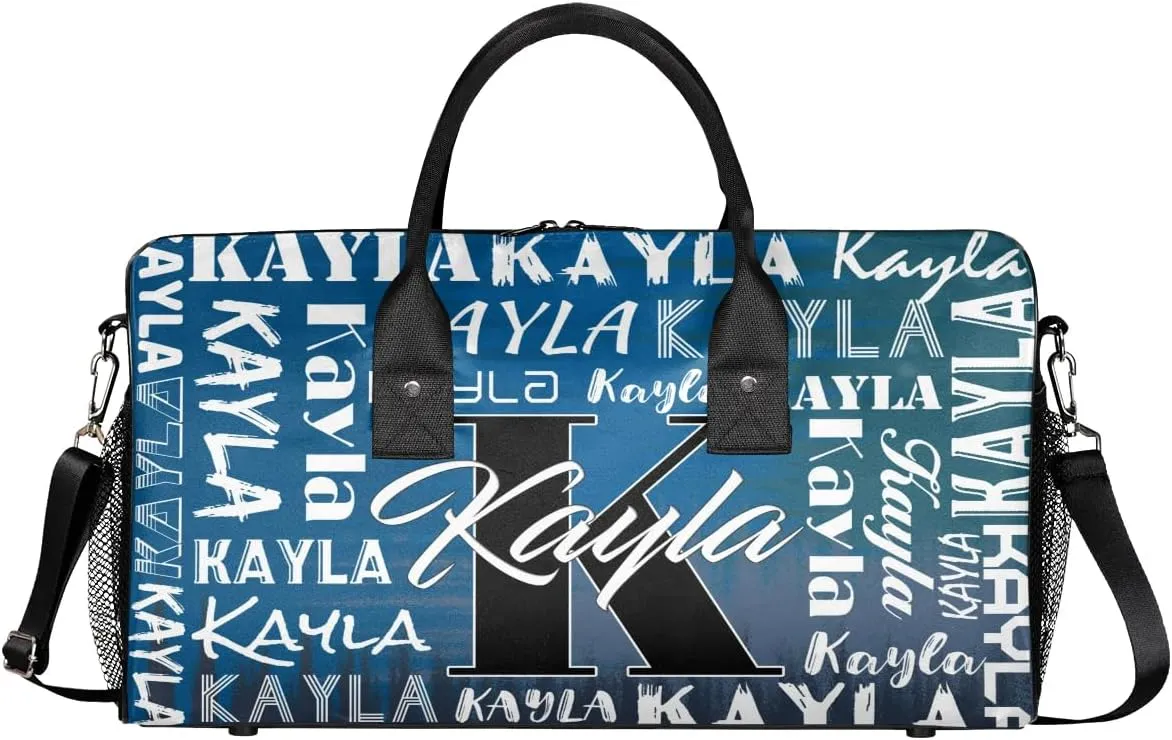 Custom Travel Bag, Personalized Duffle Bag with Initials Name, Sports Dance Gym Tote Bags Weekender Overnight Bag for Women Men, Gradient Dark Blue