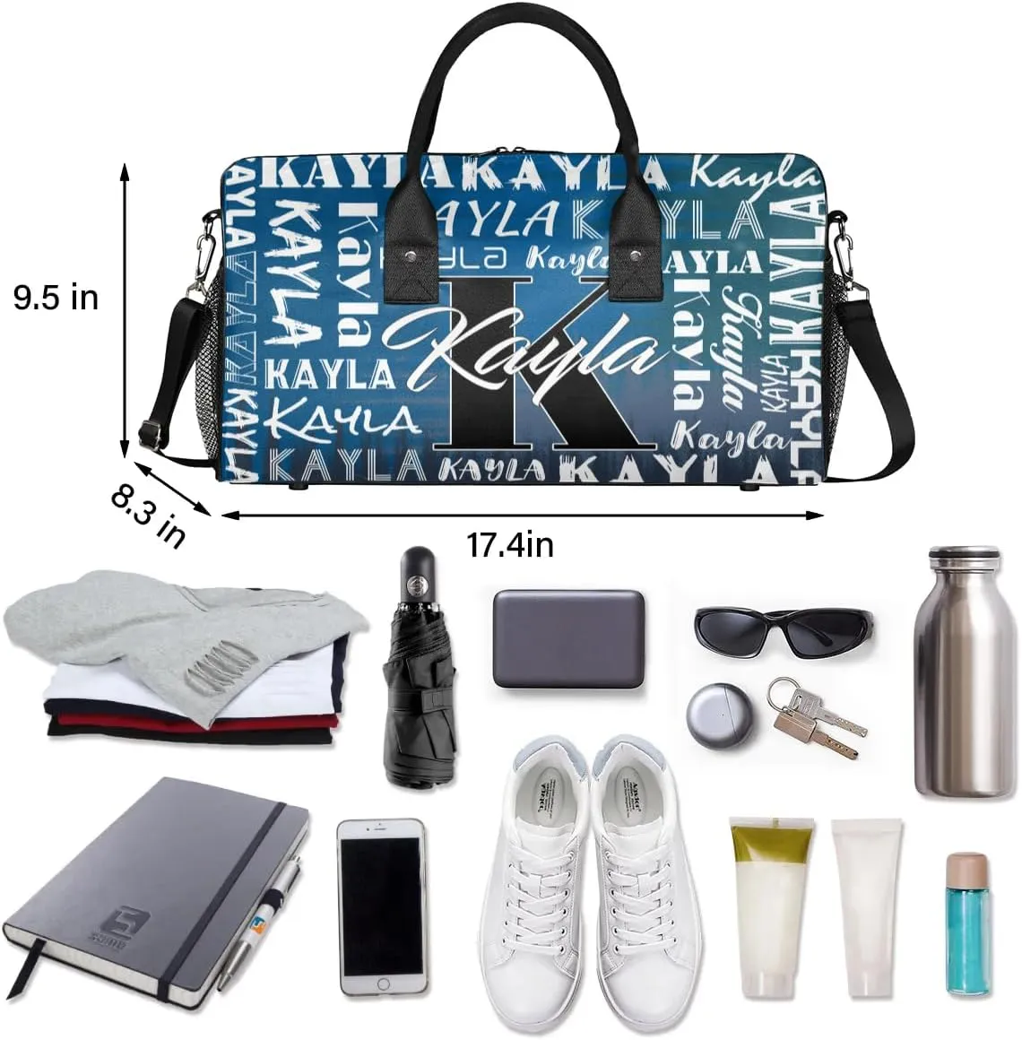 Custom Travel Bag, Personalized Duffle Bag with Initials Name, Sports Dance Gym Tote Bags Weekender Overnight Bag for Women Men, Gradient Dark Blue
