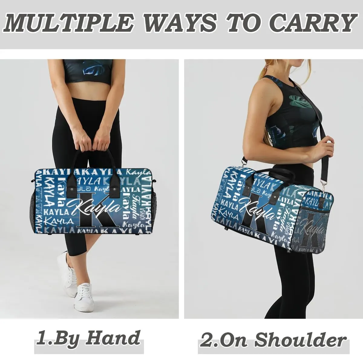 Custom Travel Bag, Personalized Duffle Bag with Initials Name, Sports Dance Gym Tote Bags Weekender Overnight Bag for Women Men, Gradient Dark Blue