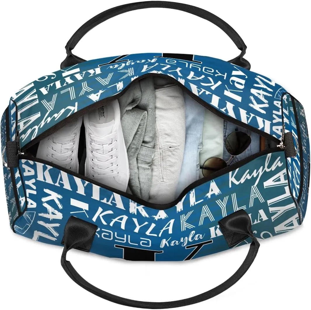 Custom Travel Bag, Personalized Duffle Bag with Initials Name, Sports Dance Gym Tote Bags Weekender Overnight Bag for Women Men, Gradient Dark Blue