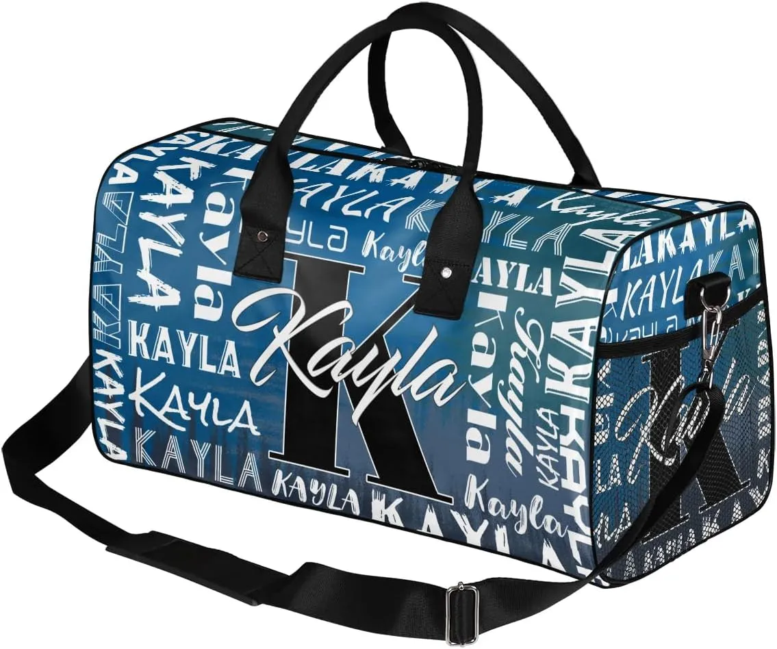 Custom Travel Bag, Personalized Duffle Bag with Initials Name, Sports Dance Gym Tote Bags Weekender Overnight Bag for Women Men, Gradient Dark Blue
