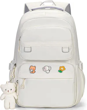 Cute Aesthetic School Backpack for Teens Girls Boys Women, College Laptop Bookbag for High Middle School Student (White)