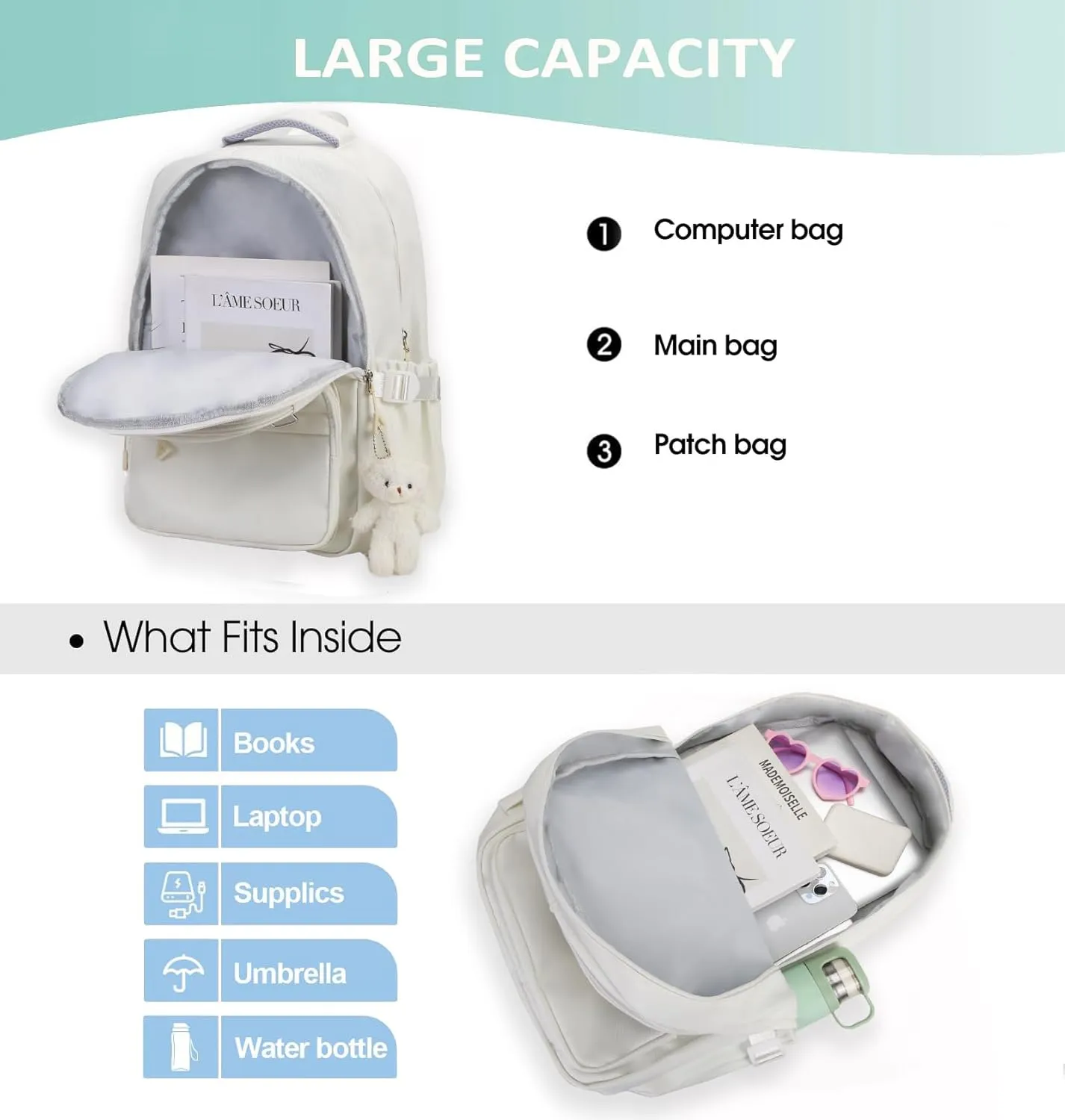 Cute Aesthetic School Backpack for Teens Girls Boys Women, College Laptop Bookbag for High Middle School Student (White)