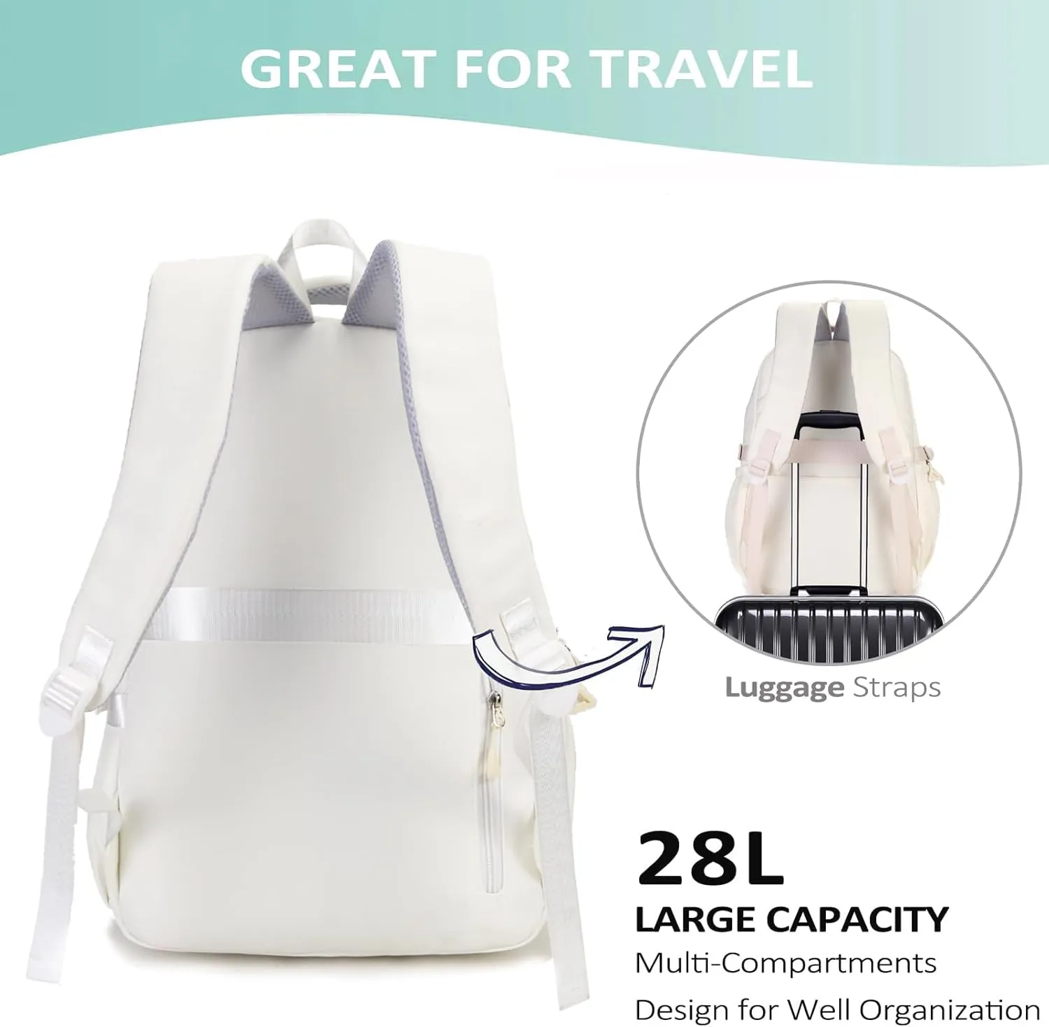 Cute Aesthetic School Backpack for Teens Girls Boys Women, College Laptop Bookbag for High Middle School Student (White)