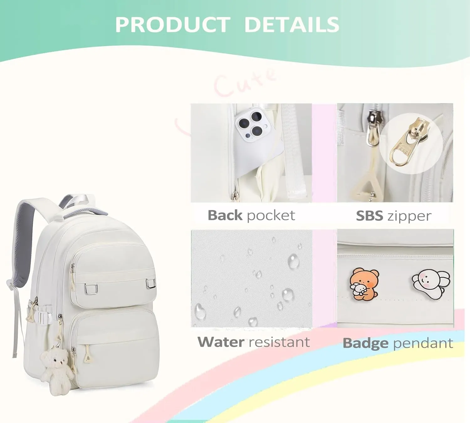 Cute Aesthetic School Backpack for Teens Girls Boys Women, College Laptop Bookbag for High Middle School Student (White)