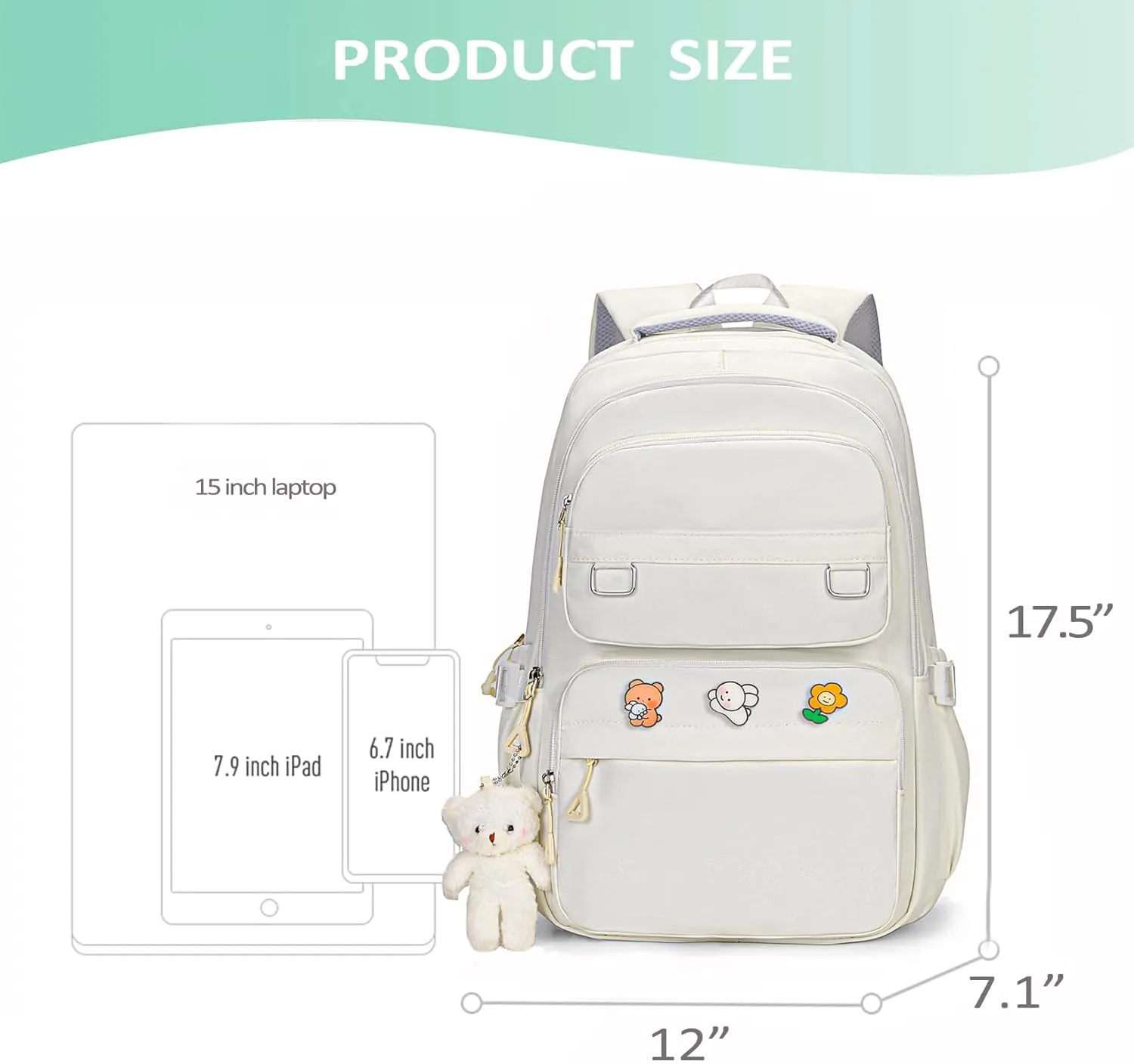 Cute Aesthetic School Backpack for Teens Girls Boys Women, College Laptop Bookbag for High Middle School Student (White)