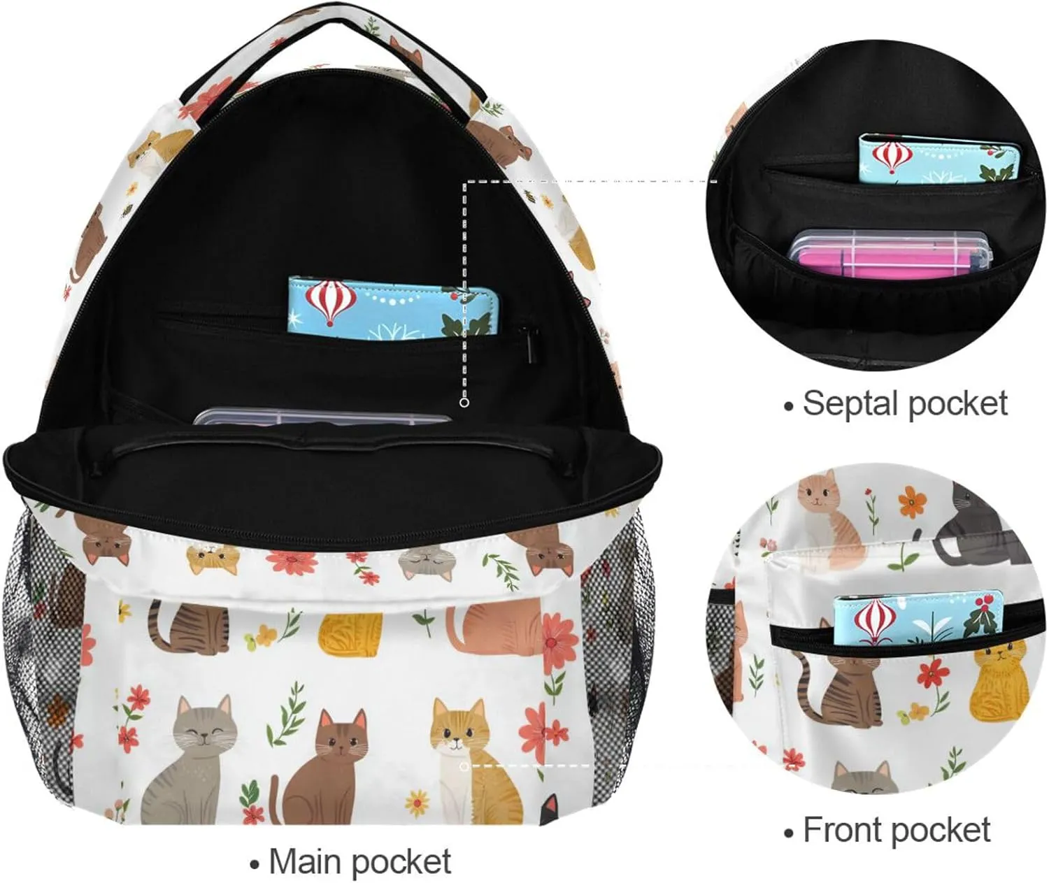 Cute Backpack for Men Women Fashion Diaper Bag Backpack with Chest Strap for Business Work College Travel Trip Cartoon Sweet Singapura Cats White