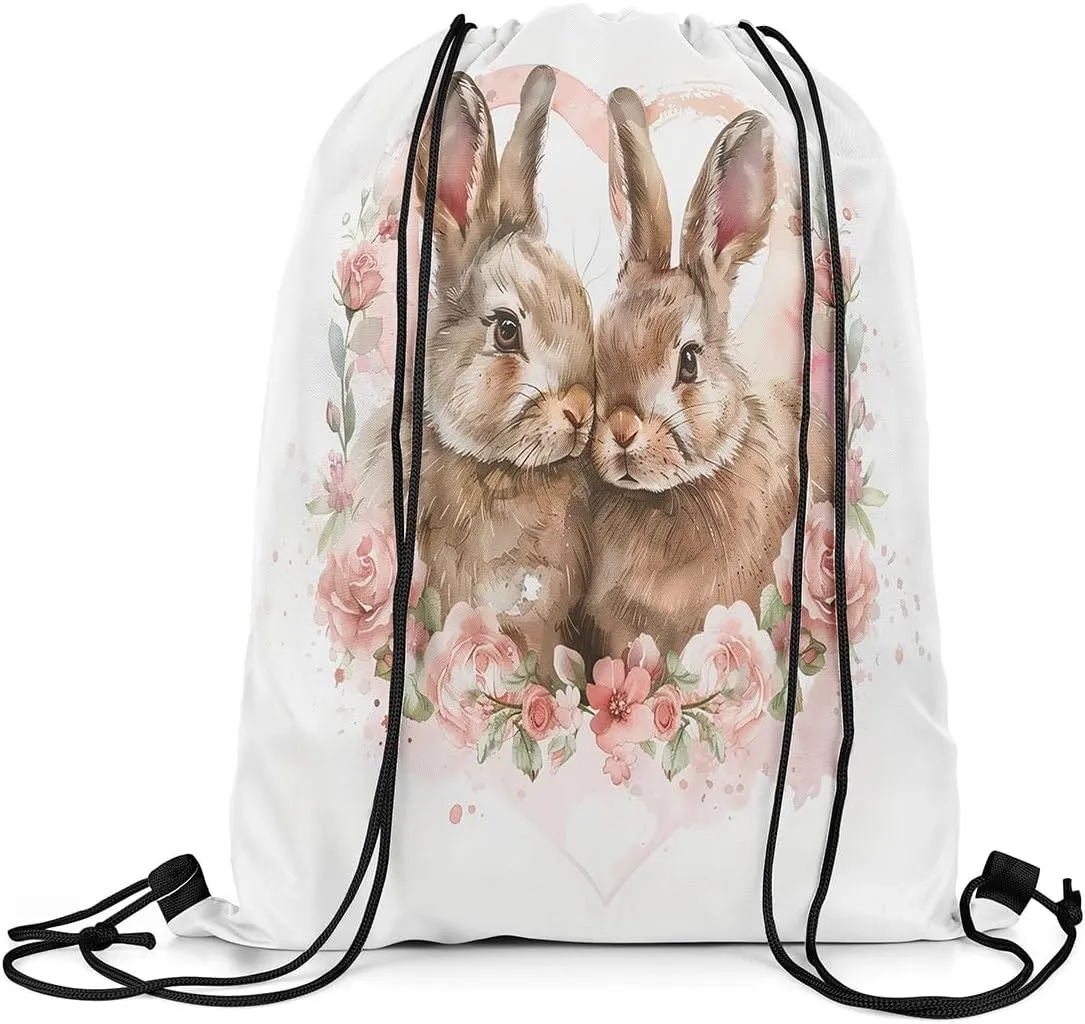 Cute Bunny Drawstring Backpack 13x15.7, Farmhouse Rabbit Reversible String Bag, Kawaii Pink Floral Rose Sackpack For Camping Sport Gym, Country Flowers Waterproof Cinch Bags