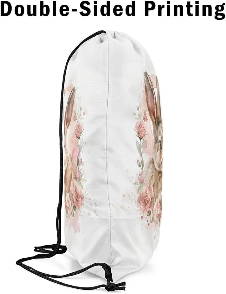 Cute Bunny Drawstring Backpack 13x15.7, Farmhouse Rabbit Reversible String Bag, Kawaii Pink Floral Rose Sackpack For Camping Sport Gym, Country Flowers Waterproof Cinch Bags