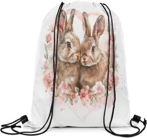 Cute Bunny Drawstring Backpack 13x15.7, Farmhouse Rabbit Reversible String Bag, Kawaii Pink Floral Rose Sackpack For Camping Sport Gym, Country Flowers Waterproof Cinch Bags