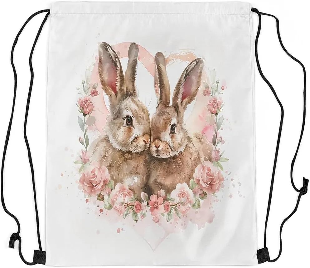 Cute Bunny Drawstring Backpack 13x15.7, Farmhouse Rabbit Reversible String Bag, Kawaii Pink Floral Rose Sackpack For Camping Sport Gym, Country Flowers Waterproof Cinch Bags