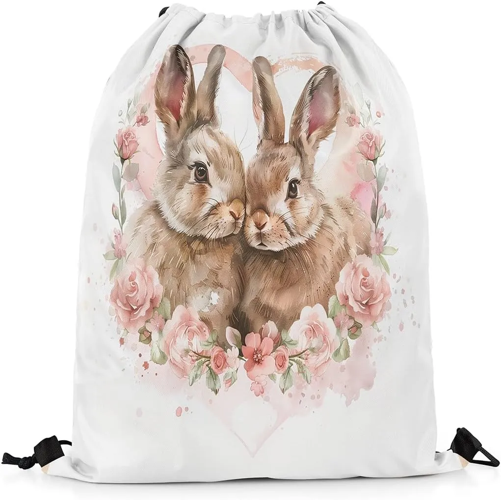 Cute Bunny Drawstring Backpack 13x15.7, Farmhouse Rabbit Reversible String Bag, Kawaii Pink Floral Rose Sackpack For Camping Sport Gym, Country Flowers Waterproof Cinch Bags