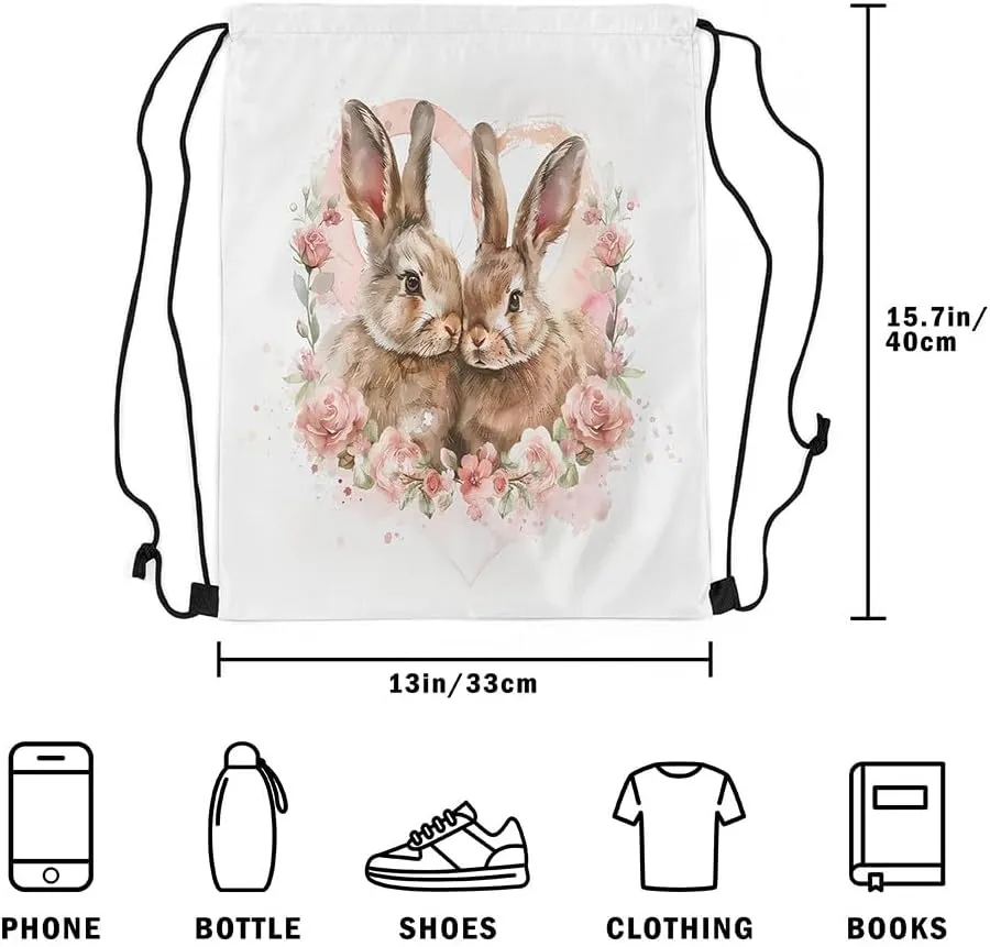 Cute Bunny Drawstring Backpack 13x15.7, Farmhouse Rabbit Reversible String Bag, Kawaii Pink Floral Rose Sackpack For Camping Sport Gym, Country Flowers Waterproof Cinch Bags